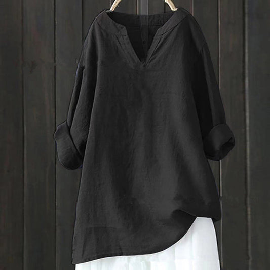 Loose Plus-sized Comfortable Solid Color Pullover Cotton And Linen Top For Women