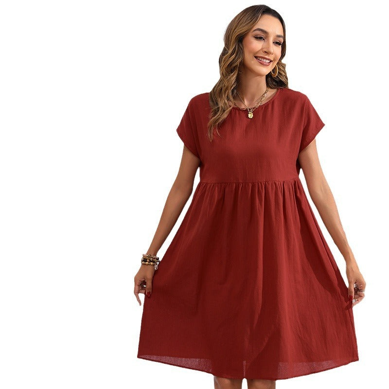 OL Temperament Cotton Linen Round-neck A-line Skirt Pocket Dress