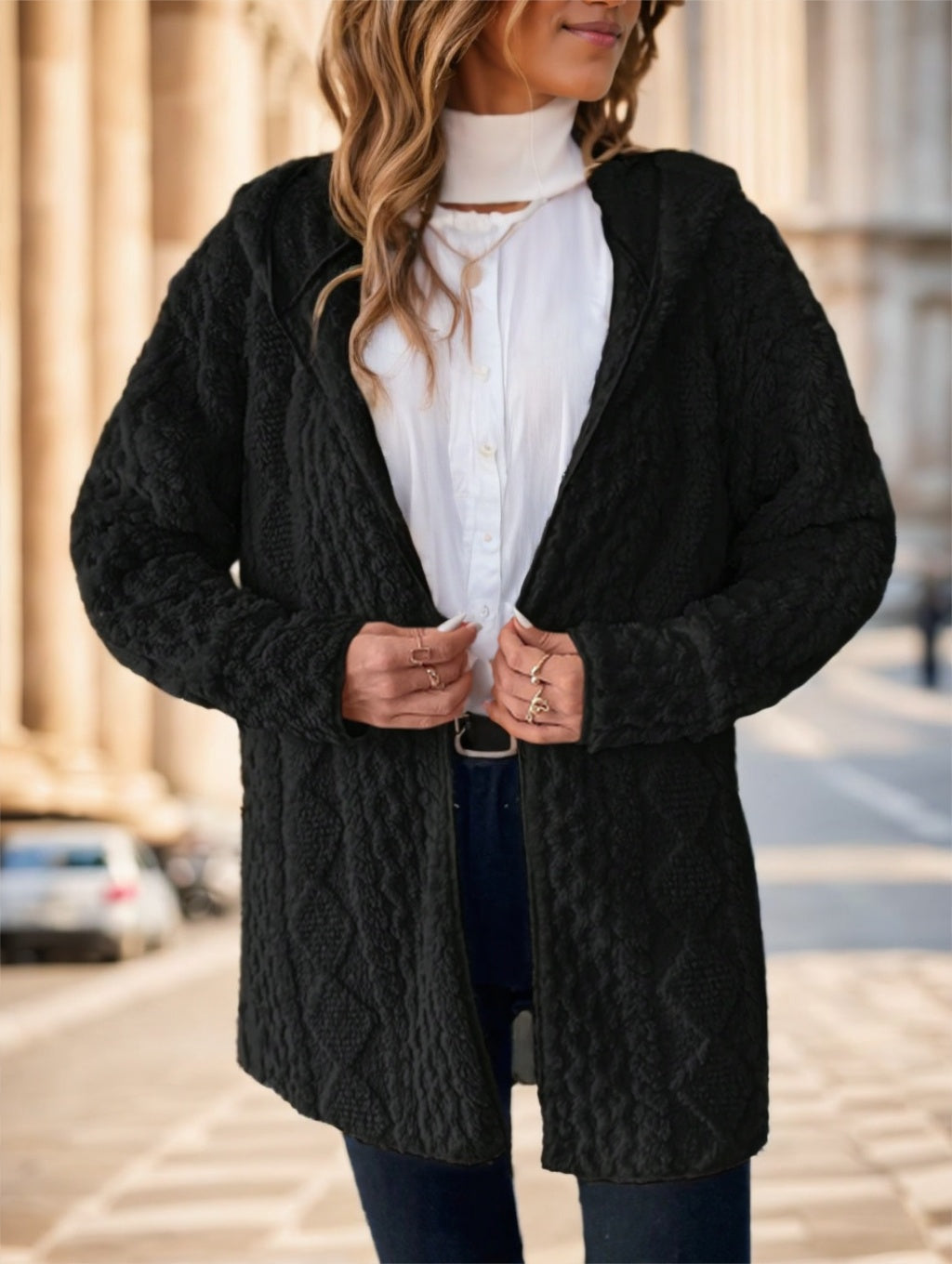 Women Solid Color Long Sleeve Hooded Textured Fleece Jacket For Winter