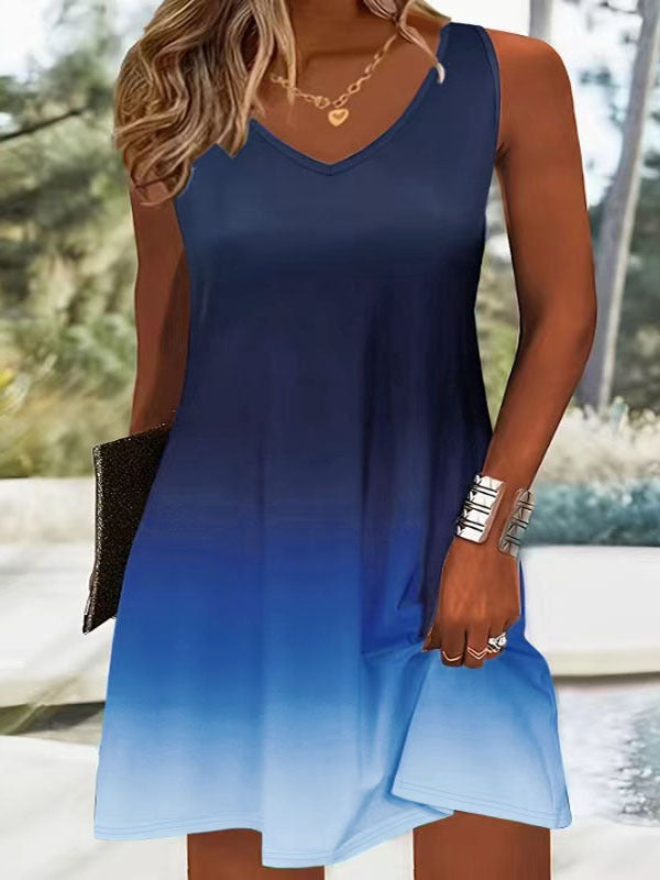 Women's Sleeveless Gradient Color Strap Dress – V-Neck Printed Casual Summer Dress