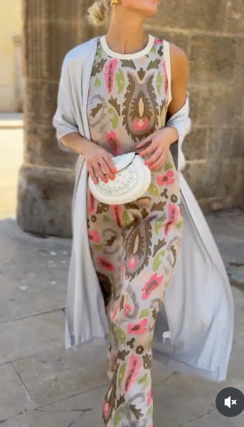 Printed Dress Two-piece Set With Cloak