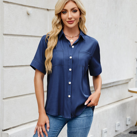 Women's One Breasted Faux Denim Short Sleeve Loose Shirt