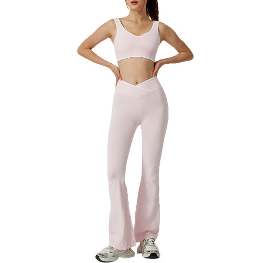 Women’s Contrast Color Round Neck Yoga Bra & Bell-Bottom Pants Set – Stylish Activewear Suit