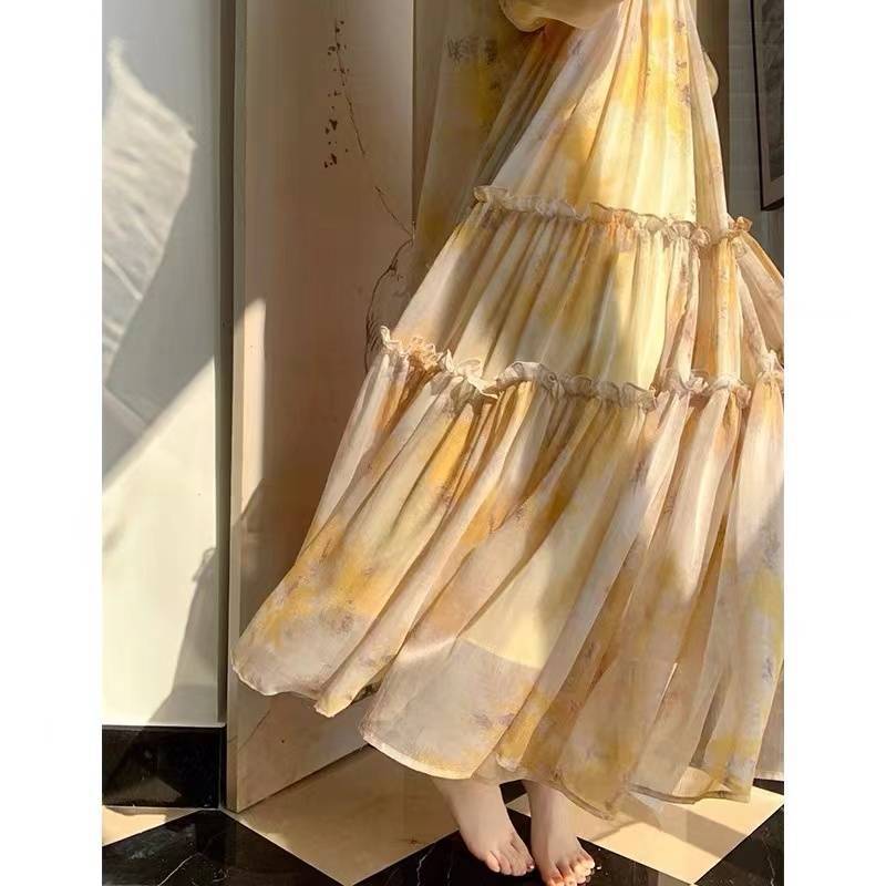 Women's French-Inspired Ink Print Dress – Elegant Niche Design with Artistic Flair
