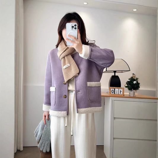 Women's Short Lamb Wool Fleece Suede Coat – Chanel-Inspired Winter Outerwear