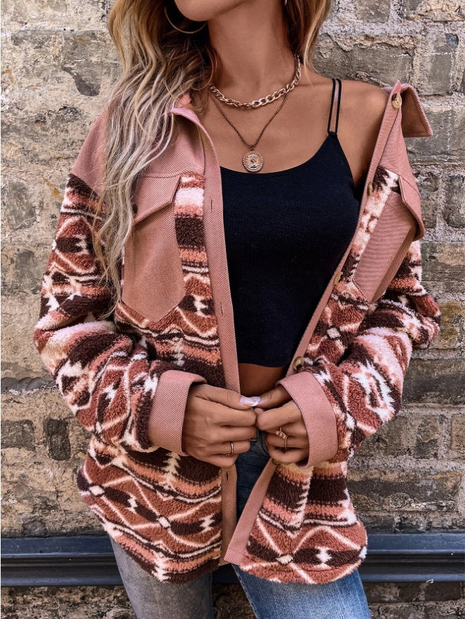 Women's Geometric Pattern Drop Shoulder Coat – Flap Pocket Casual Jacket