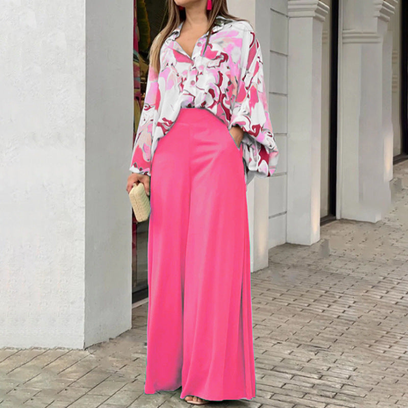 Women's Casual Printed Shirt & Wide Leg Pants Set – Loose Fit Elegant 2-Piece Fashion Outfit