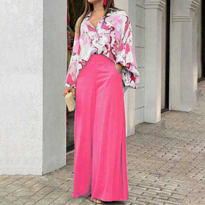 Women's Casual Printed Shirt & Wide Leg Pants Set – Loose Fit Elegant 2-Piece Fashion Outfit