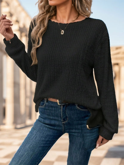 Women Plain Collar Rib Knit Casual Basic T-Shirt Blouse