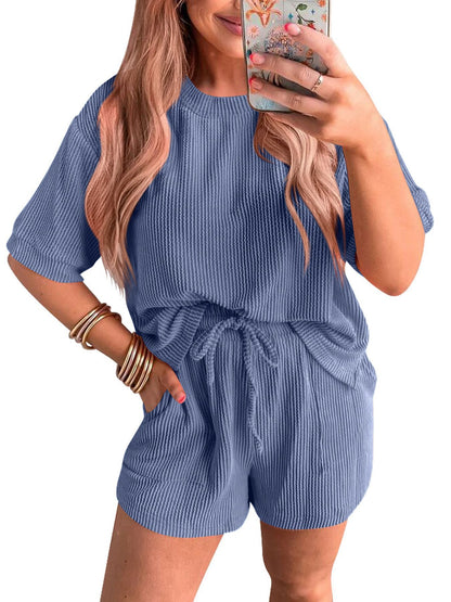 Short-sleeved Wavy Round Neck Top Elastic Waist Shorts Two-piece Set