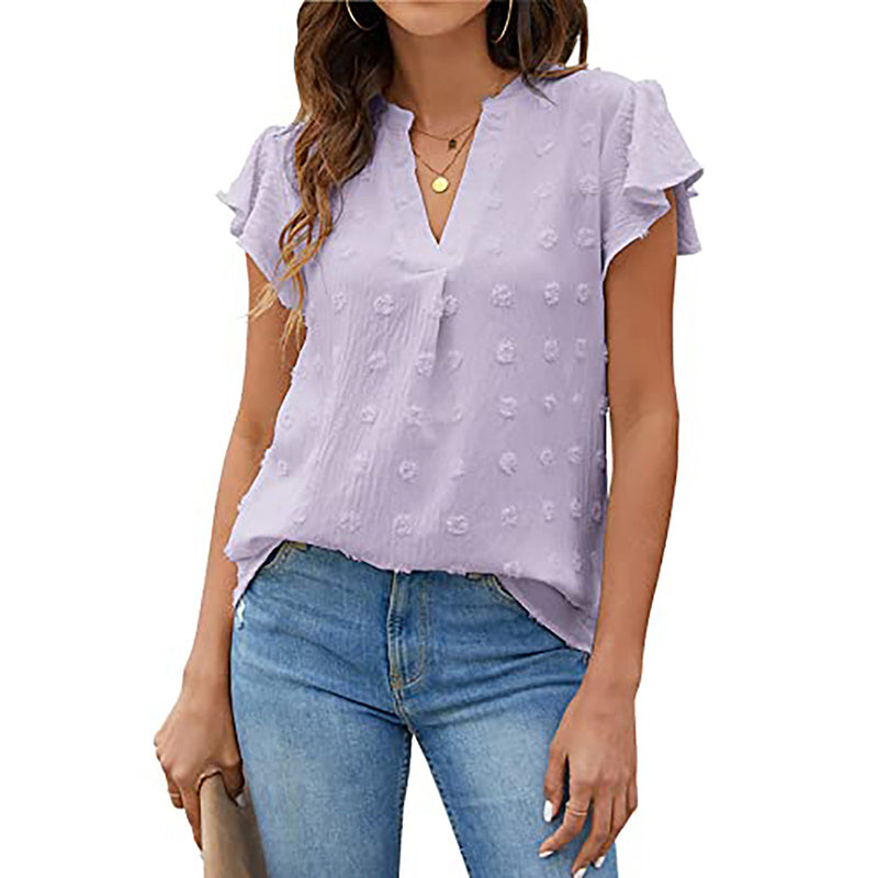 Women's Summer V-Neck Ruffle Short Sleeve Blouse – Business & Casual Office Top