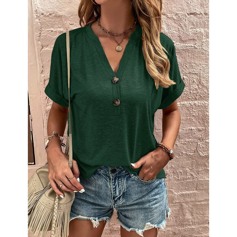 Women's Summer Short Sleeve Button-Down Shirt - V-Neck Business Casual Tunic Top