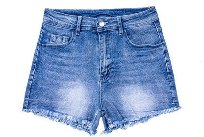 Women's Mid-High Rise Ripped Denim Shorts – Distressed Stretchy Jean Shorts for Summer