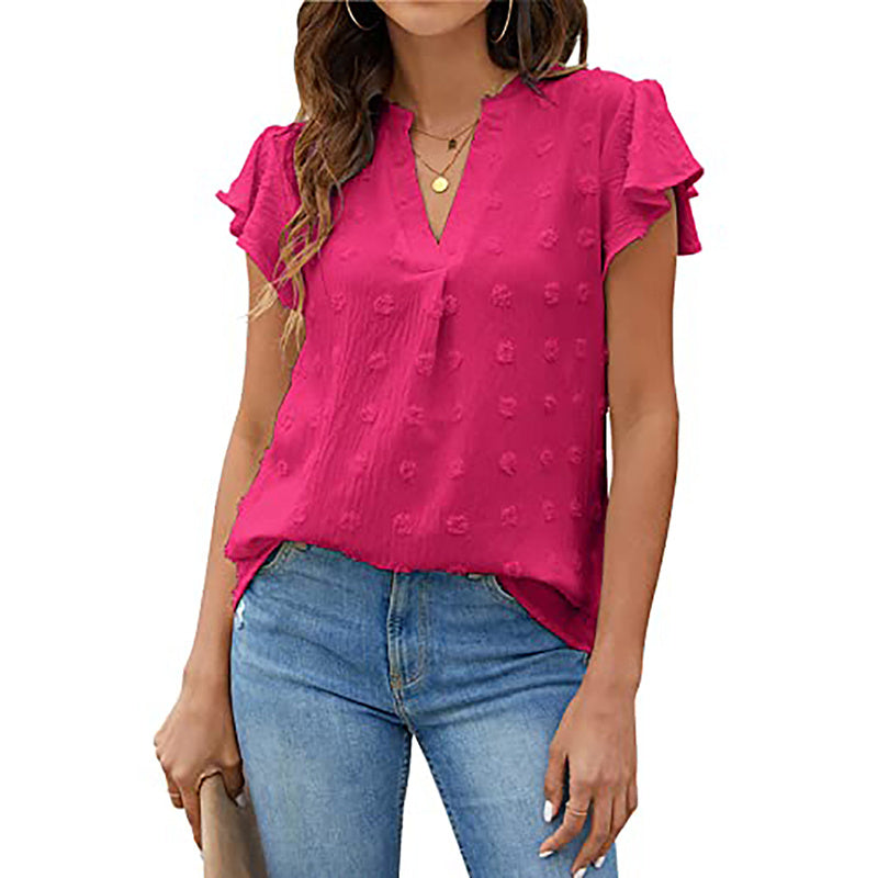 Women's Summer V-Neck Ruffle Short Sleeve Blouse – Business & Casual Office Top