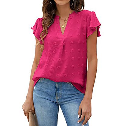 Women's Summer V-Neck Ruffle Short Sleeve Blouse – Business & Casual Office Top
