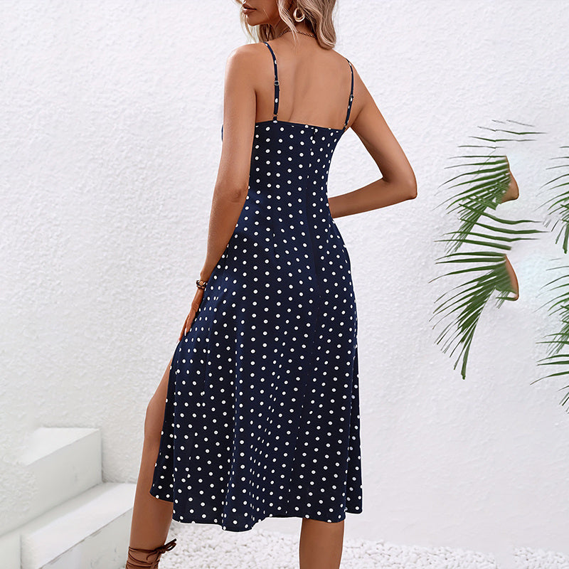 Women's Summer Casual Boho Sundress Polka Dot Sleeveless Spaghetti Strap Backless Side Slit Dresses