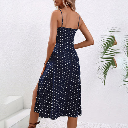 Women's Summer Casual Boho Sundress Polka Dot Sleeveless Spaghetti Strap Backless Side Slit Dresses