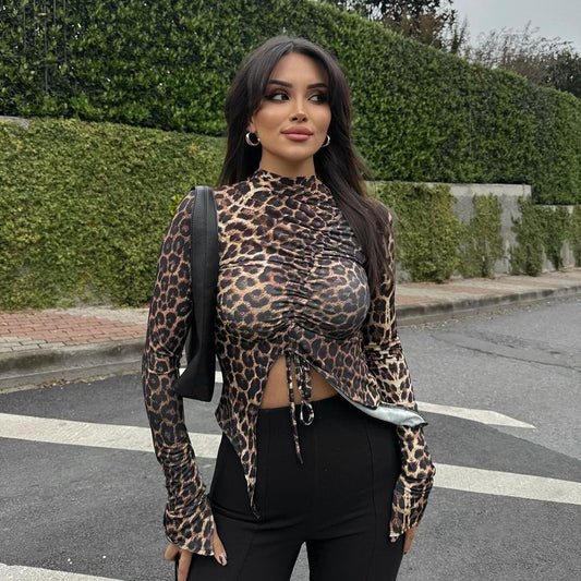 Women's Leopard Print Drawstring Shirt – Long Sleeve Slim Fit Top for Casual or Party Wear
