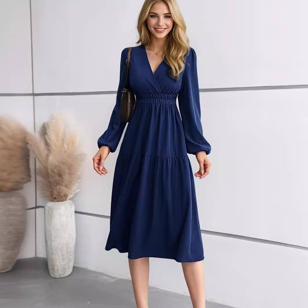Women's V-Neck Long Sleeve Waist Dress – Solid Color Elegant Midi Dress