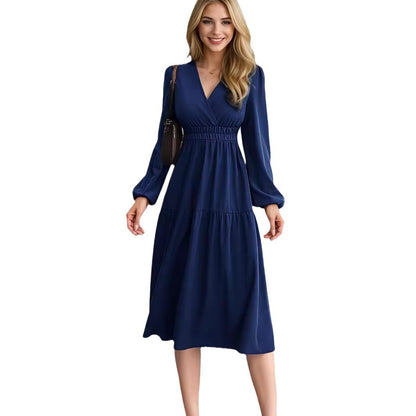 Women's V-Neck Long Sleeve Waist Dress – Solid Color Elegant Midi Dress