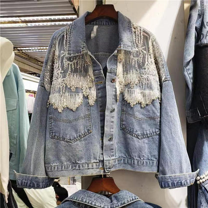 Women's Loose Denim Jacket with Beaded Diamond Splice – Stylish Grenadine Mesh Patchwork Jean Coat