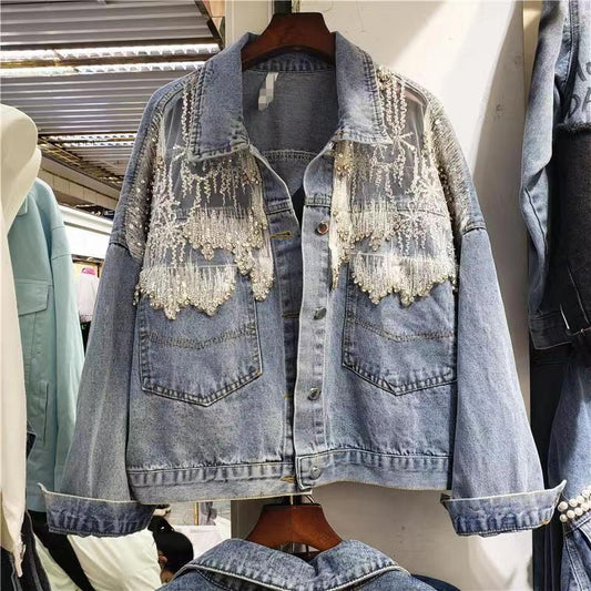 Women's Loose Denim Jacket with Beaded Diamond Splice – Stylish Grenadine Mesh Patchwork Jean Coat