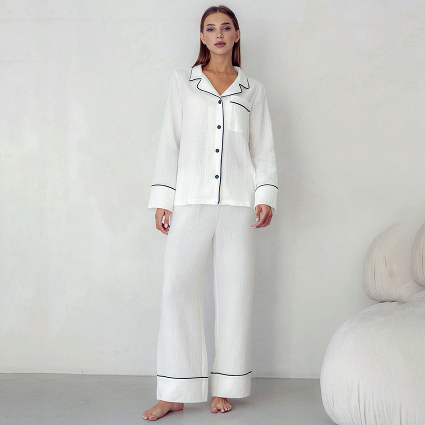 Women's Simple & Comfortable Two-Piece Cardigan Pajama Set – White Long Sleeve Top with Pockets Homewear