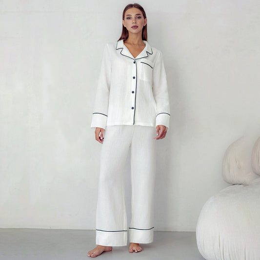 Women's Simple & Comfortable Two-Piece Cardigan Pajama Set – White Long Sleeve Top with Pockets Homewear