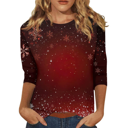 Women's Christmas T-Shirt – Festive 3/4 Sleeve Round Neck Holiday Top