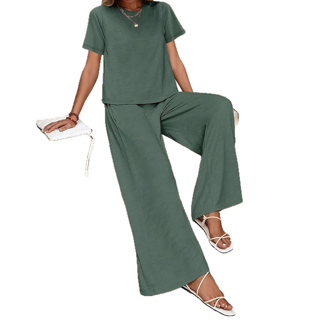 Women's Casual Solid Color Top & Wide Leg Pants Set - Stylish Two-Piece Outfit