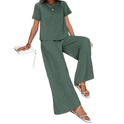Women's Casual Solid Color Top & Wide Leg Pants Set - Stylish Two-Piece Outfit