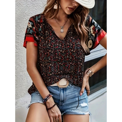 Women's Casual Short Sleeve Shirts Summer Boho Printed V Neck Drawstring Tunic Blouses