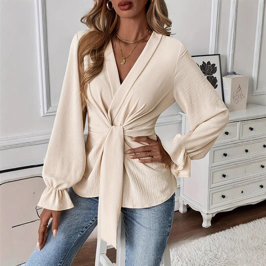 Women's Solid Color V-Neck Long Sleeve Shirt – Elegant Casual Blouse for Office & Daily Wear