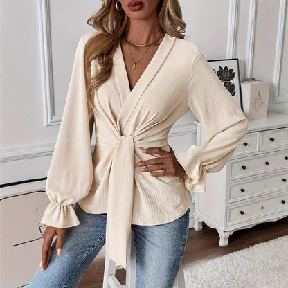 Women's Solid Color V-Neck Long Sleeve Shirt – Elegant Casual Blouse for Office & Daily Wear