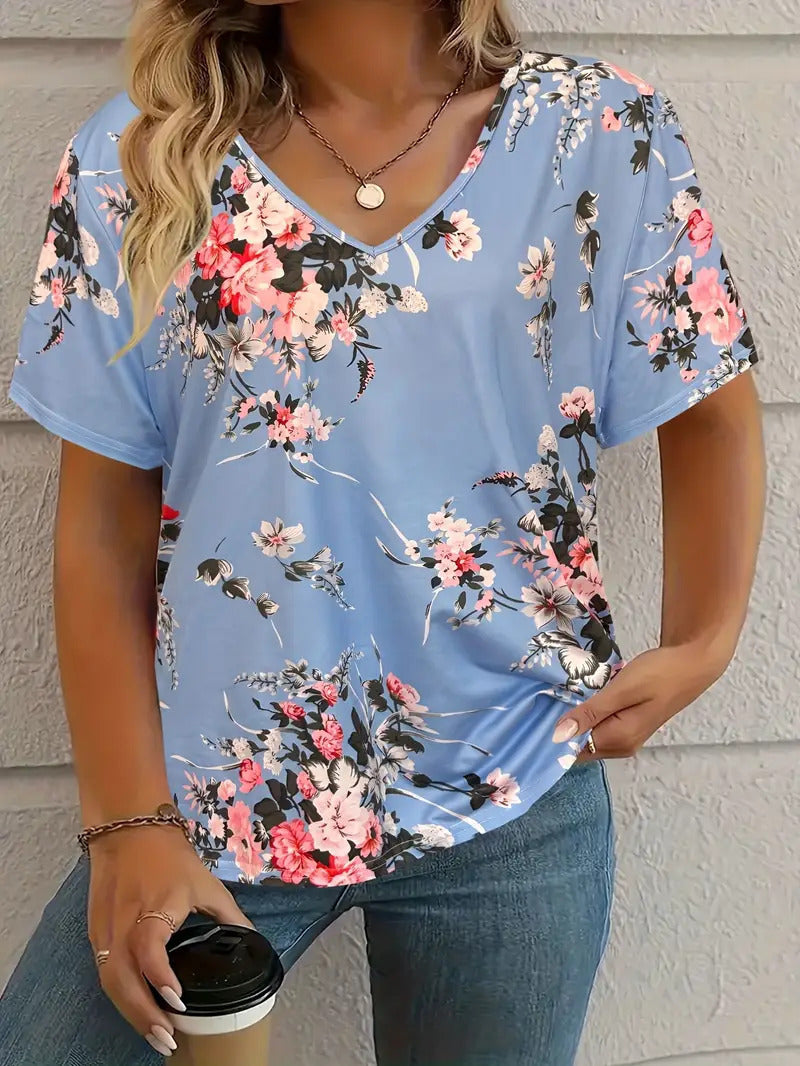 Women's V-Neck Short Sleeve T-Shirt – Comfortable Fashion Tee with Animal & Plant Print