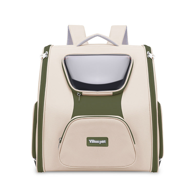 Panoramic Pet Trolley Backpack – Large Capacity Cat &amp; Dog Travel Carrier (Nylon, Khaki/Green)