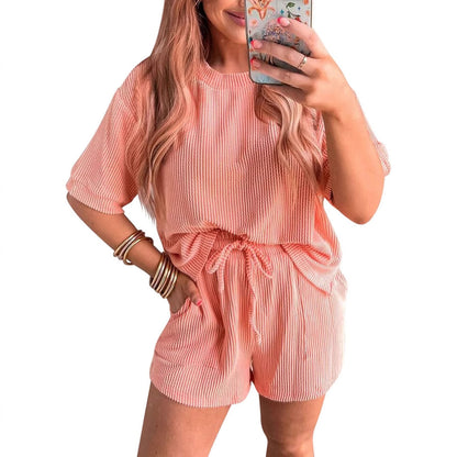 Short-sleeved Wavy Round Neck Top Elastic Waist Shorts Two-piece Set