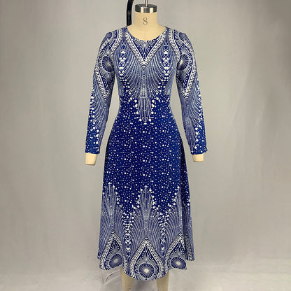 Women's Plus Size Elegant V-Neck Long Sleeve A-Line Dress With Starry Sky Print, Slim-Fit Flowy Maxi Dress For Holiday & Party Wear