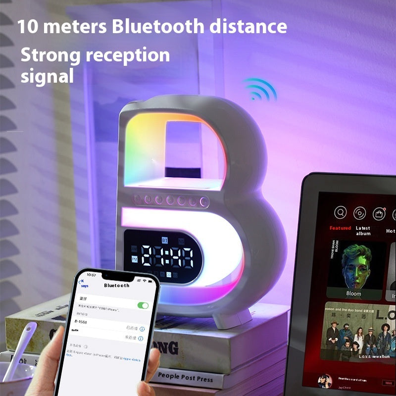 2024 New B-Shaped Bluetooth Speaker – Multifunctional Smart Music Rhythm Light with Wireless Phone Charging, TF Card, AUX & Standard Mode