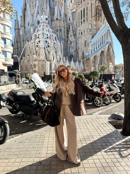 Women's Elastic Waist Two-Piece Set – Casual Top and Trousers Loungewear Outfit