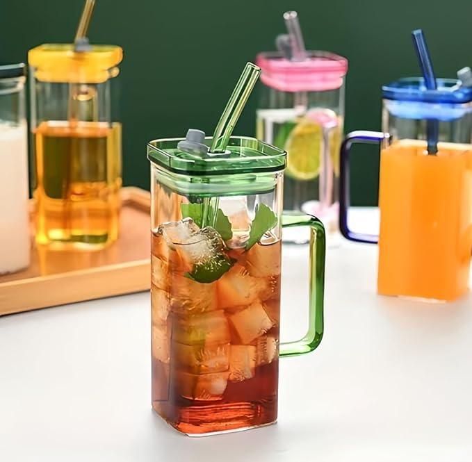 Square Glass with Lid and Straw – Elegant Durable Glass Tumbler for Drinks, Events &amp; Everyday Use