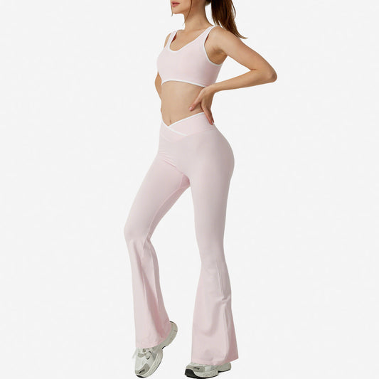Women’s Contrast Color Round Neck Yoga Bra & Bell-Bottom Pants Set – Stylish Activewear Suit