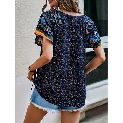 Women's Casual Short Sleeve Shirts Summer Boho Printed V Neck Drawstring Tunic Blouses