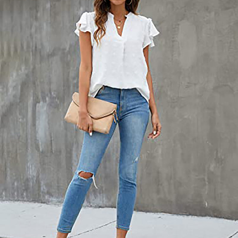 Women's Summer V-Neck Ruffle Short Sleeve Blouse – Business & Casual Office Top