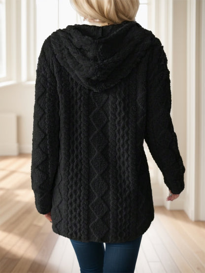 Women Solid Color Long Sleeve Hooded Textured Fleece Jacket For Winter