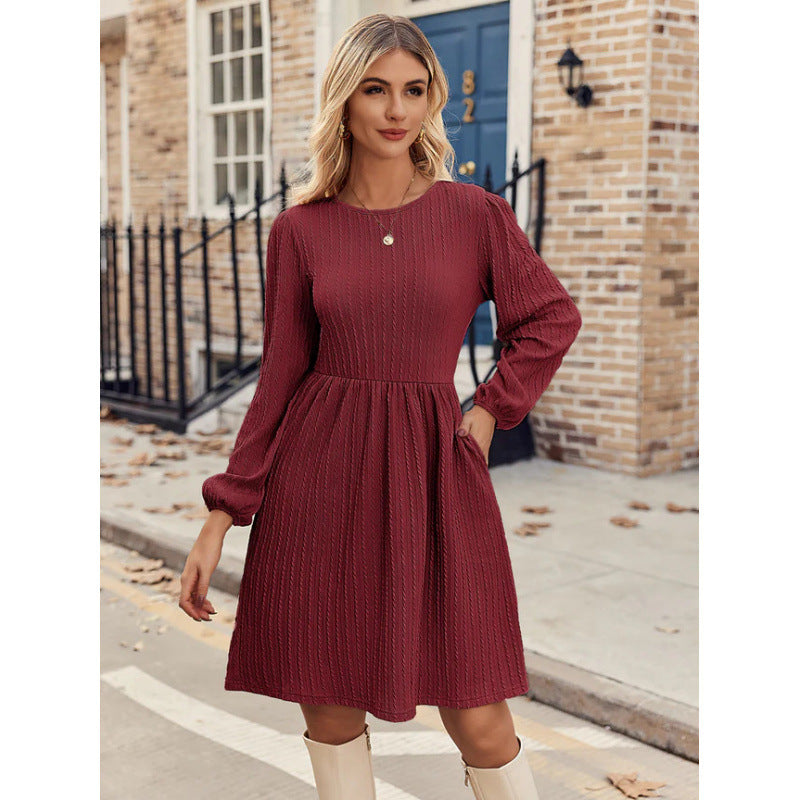 Women's Jacquard Knit Dress – Elegant Bubble Sleeve Long Sleeve Bodycon Dress
