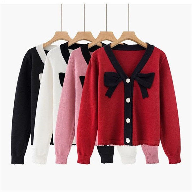 Women's Loose Contrast Color Bow Knit Cardigan Sweater – Single-Breasted Button Down