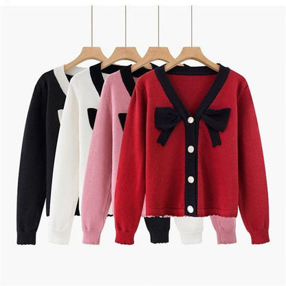 Women's Loose Contrast Color Bow Knit Cardigan Sweater – Single-Breasted Button Down