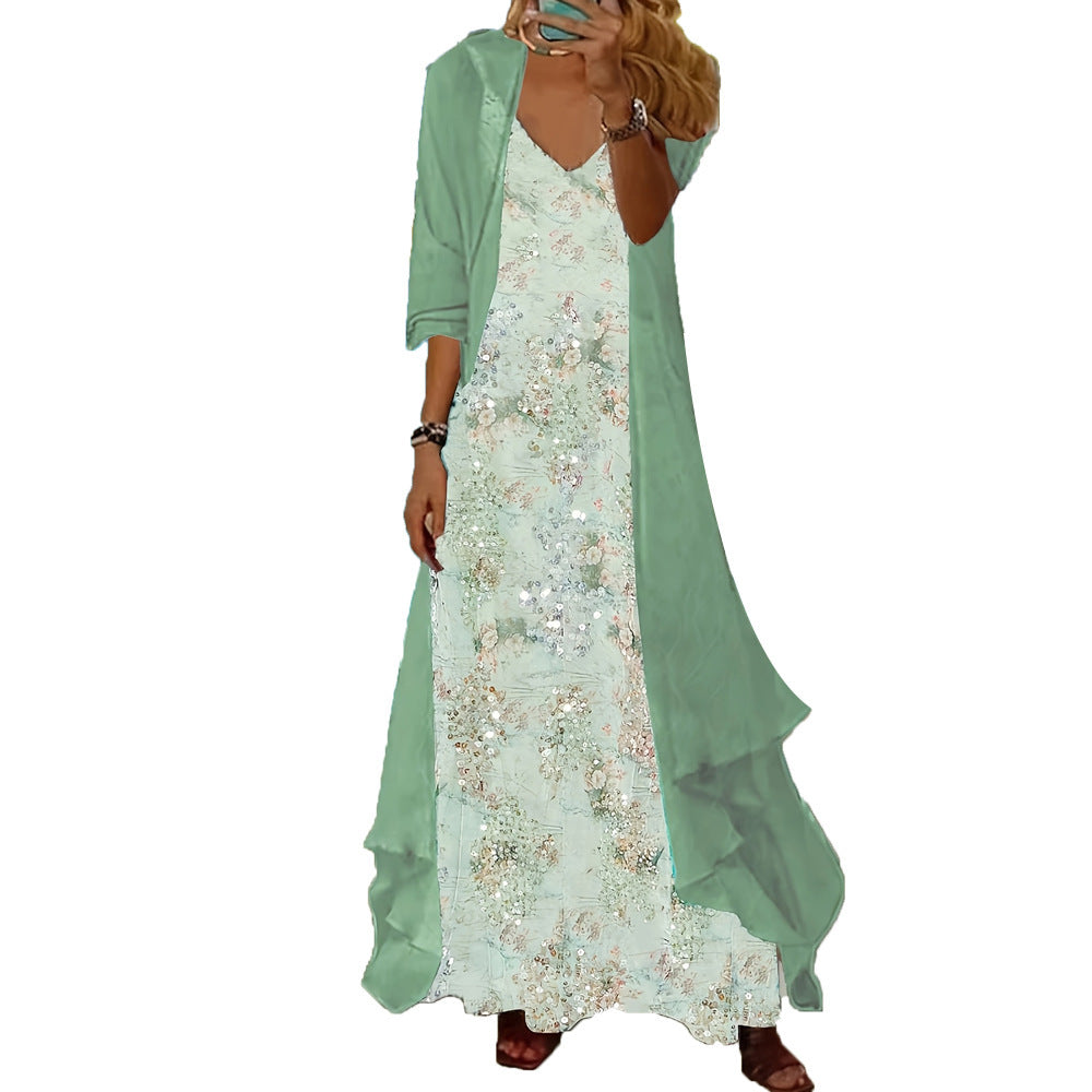 Holiday Floral Print Dress Chiffon Cardigan Two-piece Set