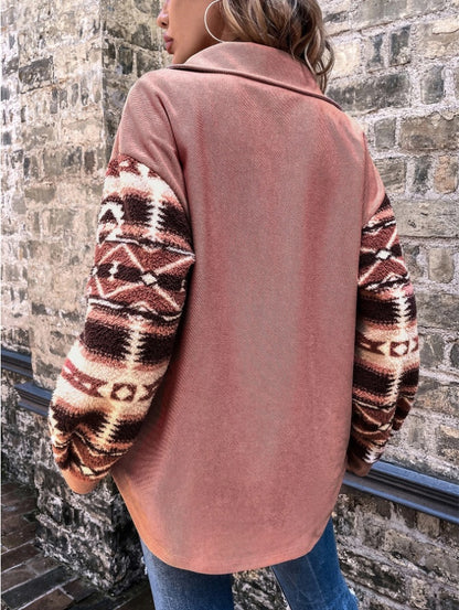 Women's Geometric Pattern Drop Shoulder Coat – Flap Pocket Casual Jacket